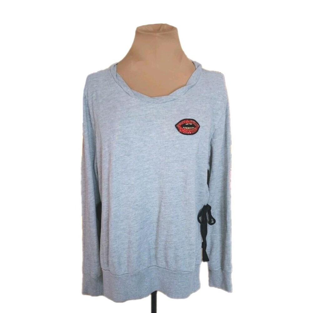 Pam & Gela Lips Patch Sweatshirt Women's Small Gray Side Tie  Made in USA
